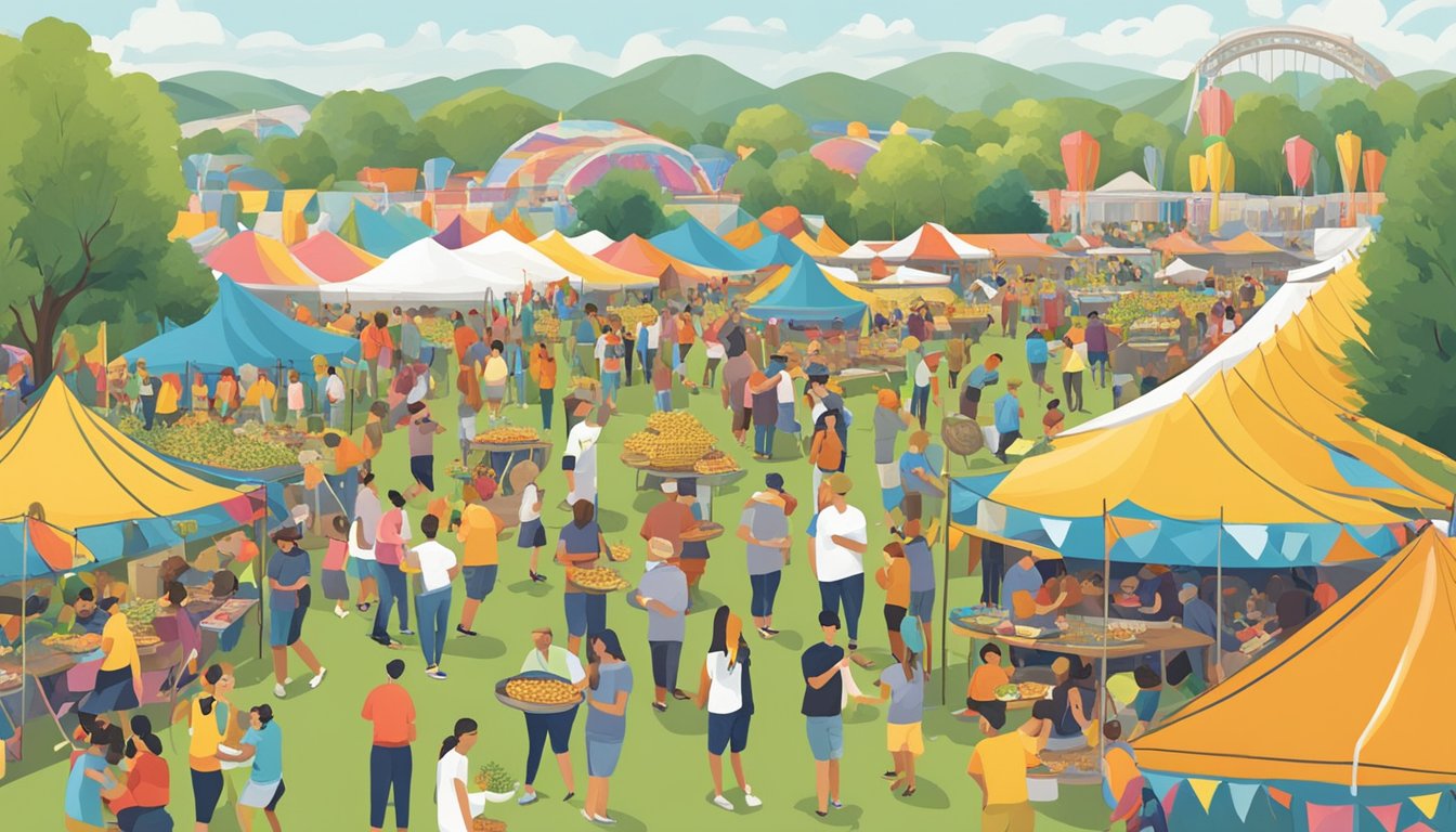 A bustling outdoor festival with rows of colorful tents, live music, and people enjoying sweet corn dishes