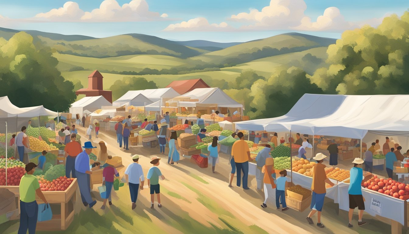 A bustling Texas apple festival with vendors selling fresh produce and locally made goods, surrounded by rolling hills and orchards