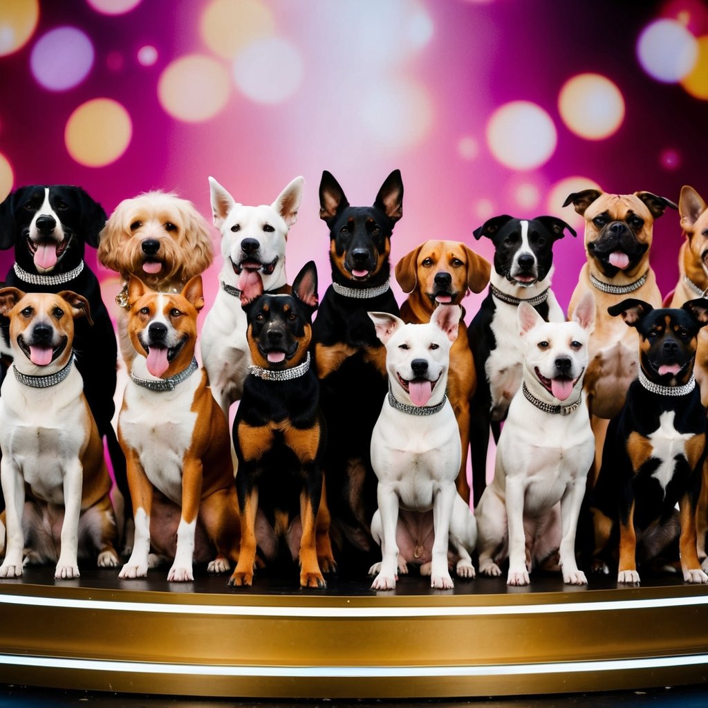 A group of dogs of various breeds and sizes are gathered on a stage, each wearing a sparkly collar and standing proudly as they are announced as the Canine Stars of 2024