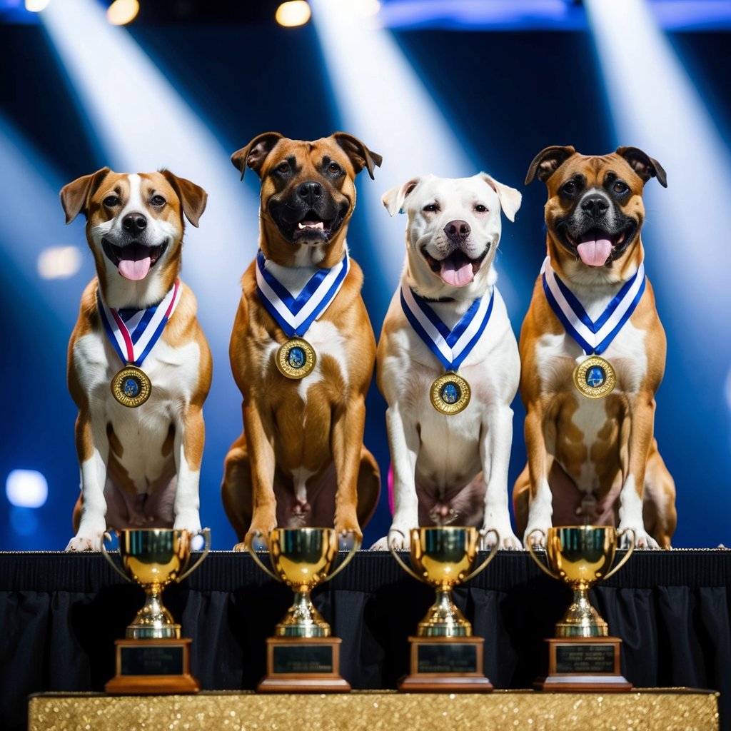 A group of dogs stands proudly on a stage, adorned with medals and trophies, basking in the spotlight of their achievements