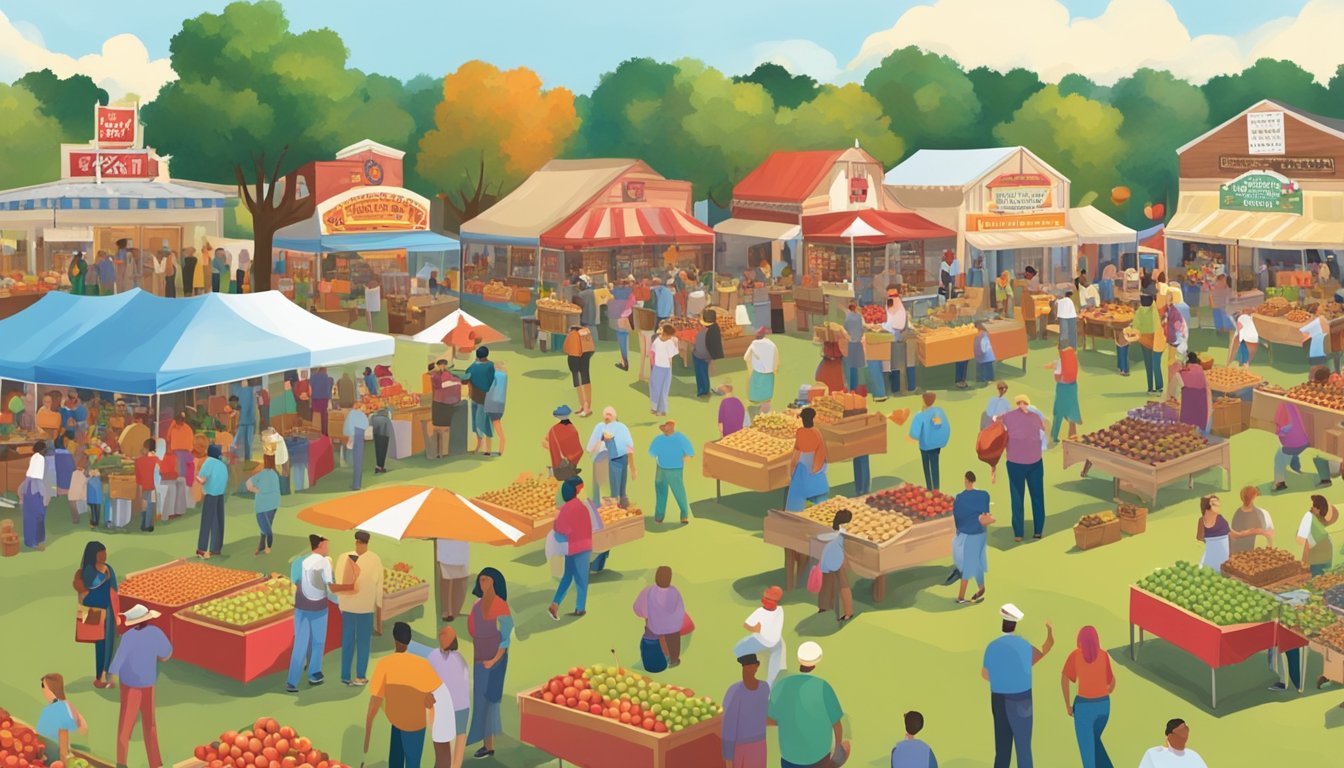 A bustling Texas apple festival with vendors, live music, and educational programs. The scene is filled with colorful displays of apples and happy festival-goers