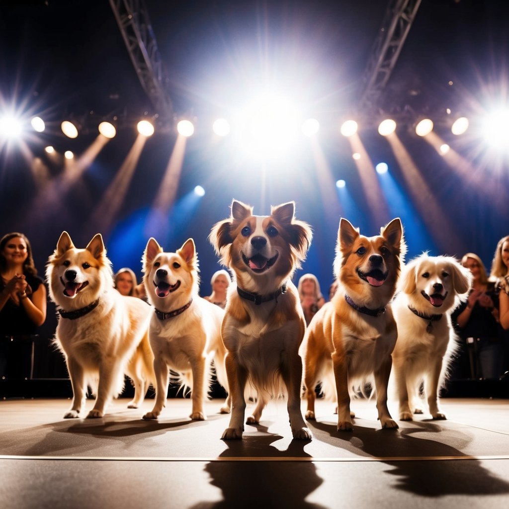 A group of canine performers stand on a stage, surrounded by bright lights and adoring fans. Their fur glistens as they perform tricks and entertain the audience