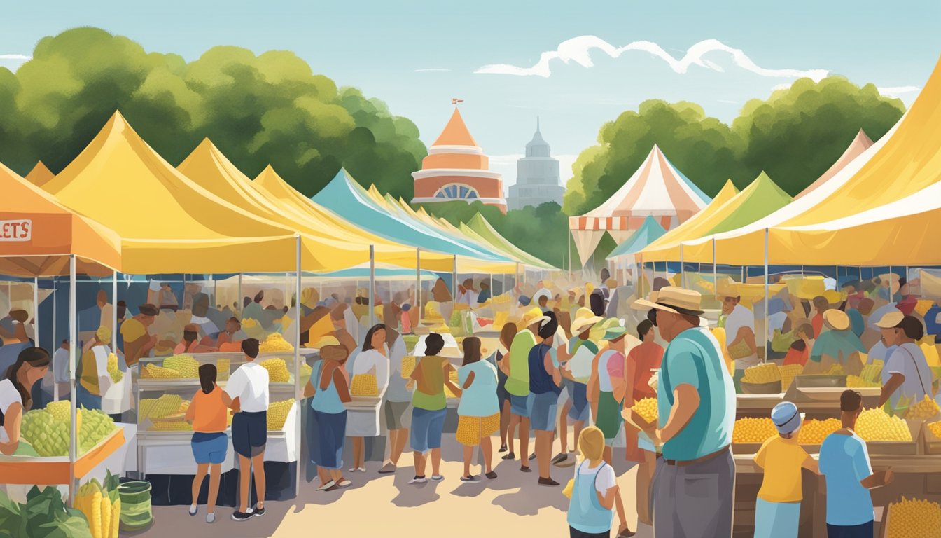 Crowds gather around vendors selling fresh sweet corn at the Texas Sweet Corn Festival. A colorful array of tents and food stands fills the lively outdoor space