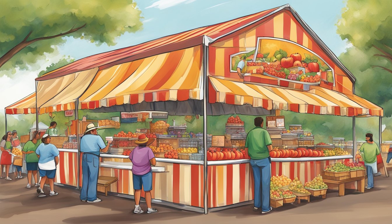 Vendors set up colorful booths at the Texas Apple Festival, displaying a variety of apple-themed products and treats. The air is filled with the sweet aroma of freshly baked goods and the sound of lively chatter