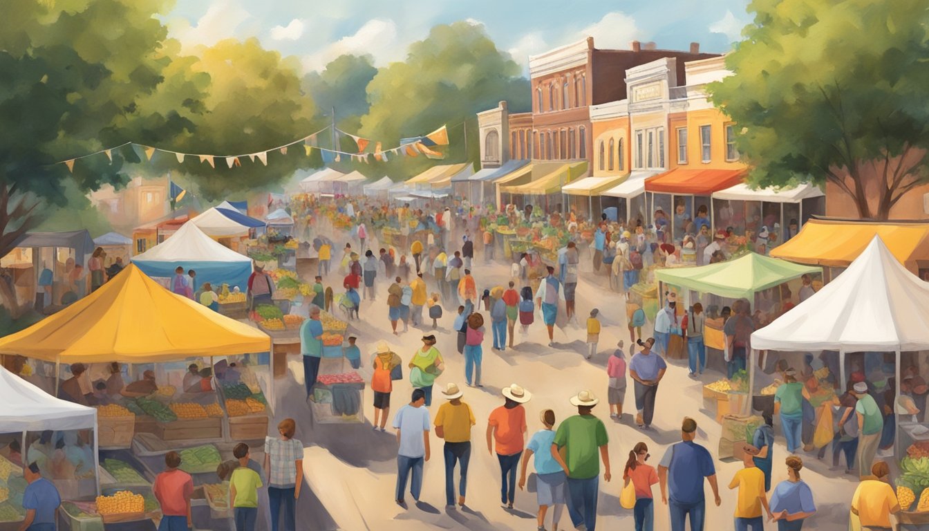 A bustling Texas Sweet Corn Festival with vendors, live music, and families enjoying the festivities