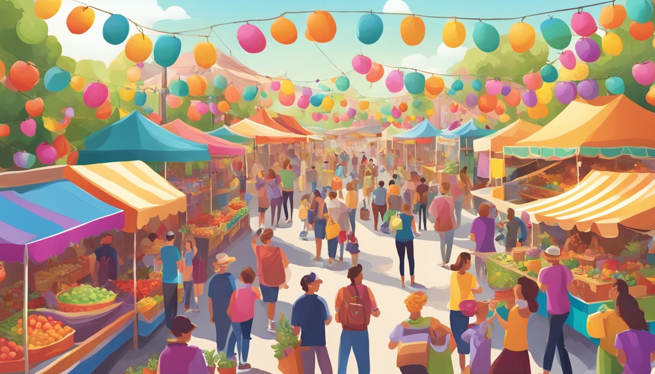 A vibrant festival scene with colorful apple-themed decorations, vendors selling fresh produce, and families enjoying live music and carnival games