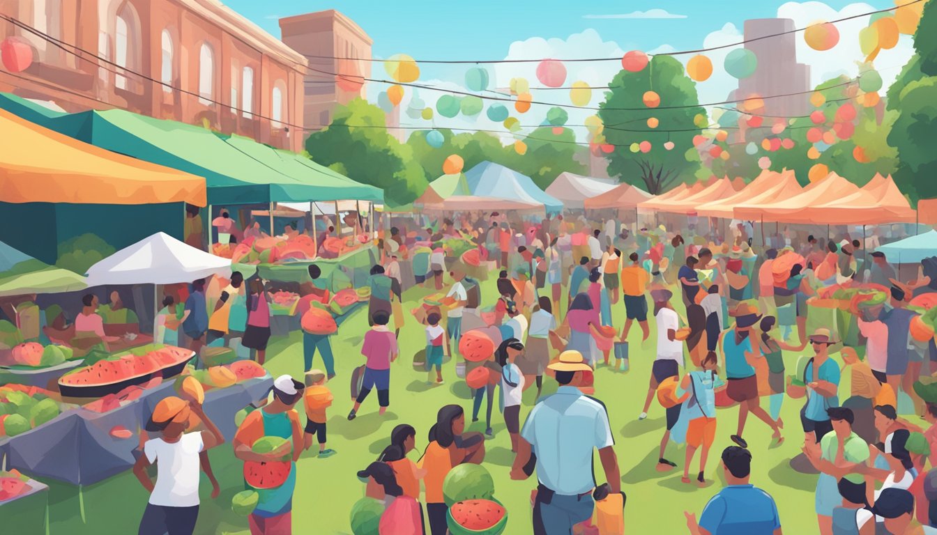 A bustling watermelon thump festival with vendors, music, and crowds of people enjoying the summer event