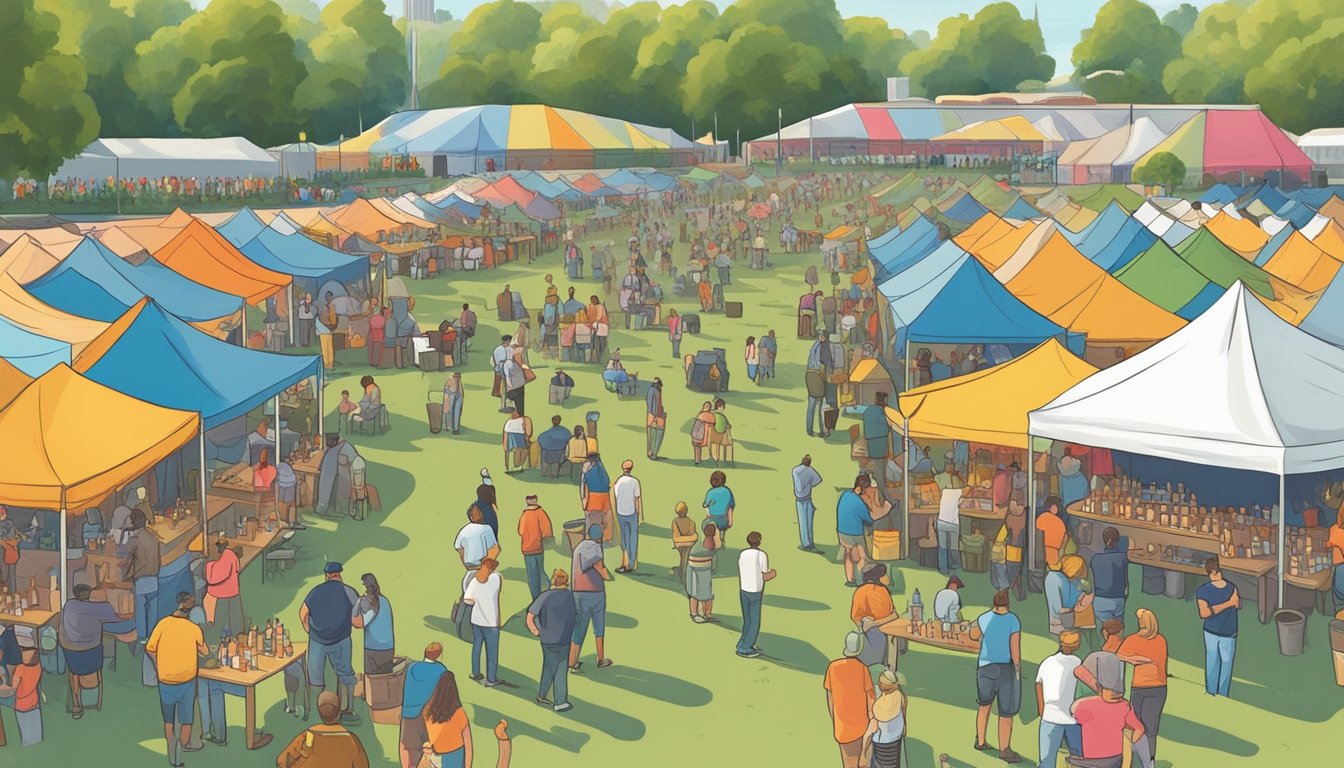 A bustling Texas craft brewers festival with rows of colorful tents, people sampling various beers, and live music filling the air