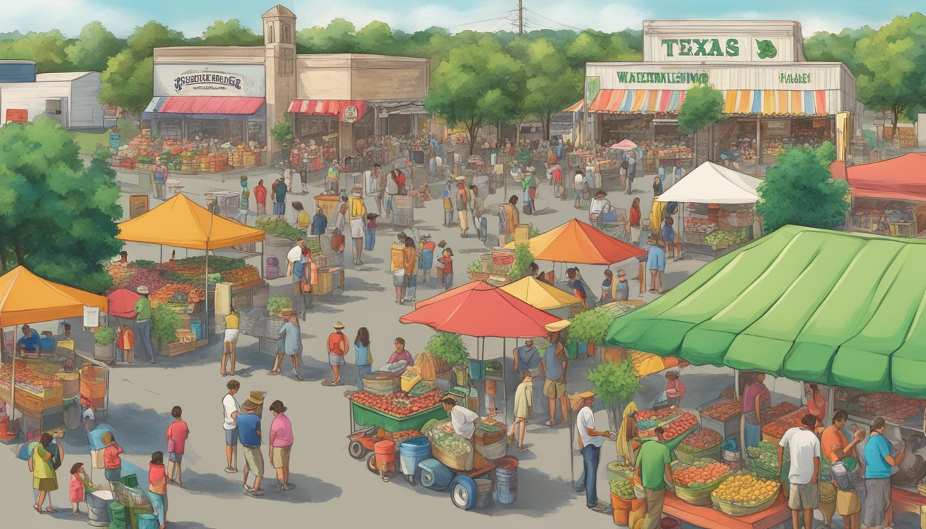 A bustling Texas watermelon thump festival with vendors, live music, and families enjoying the festivities