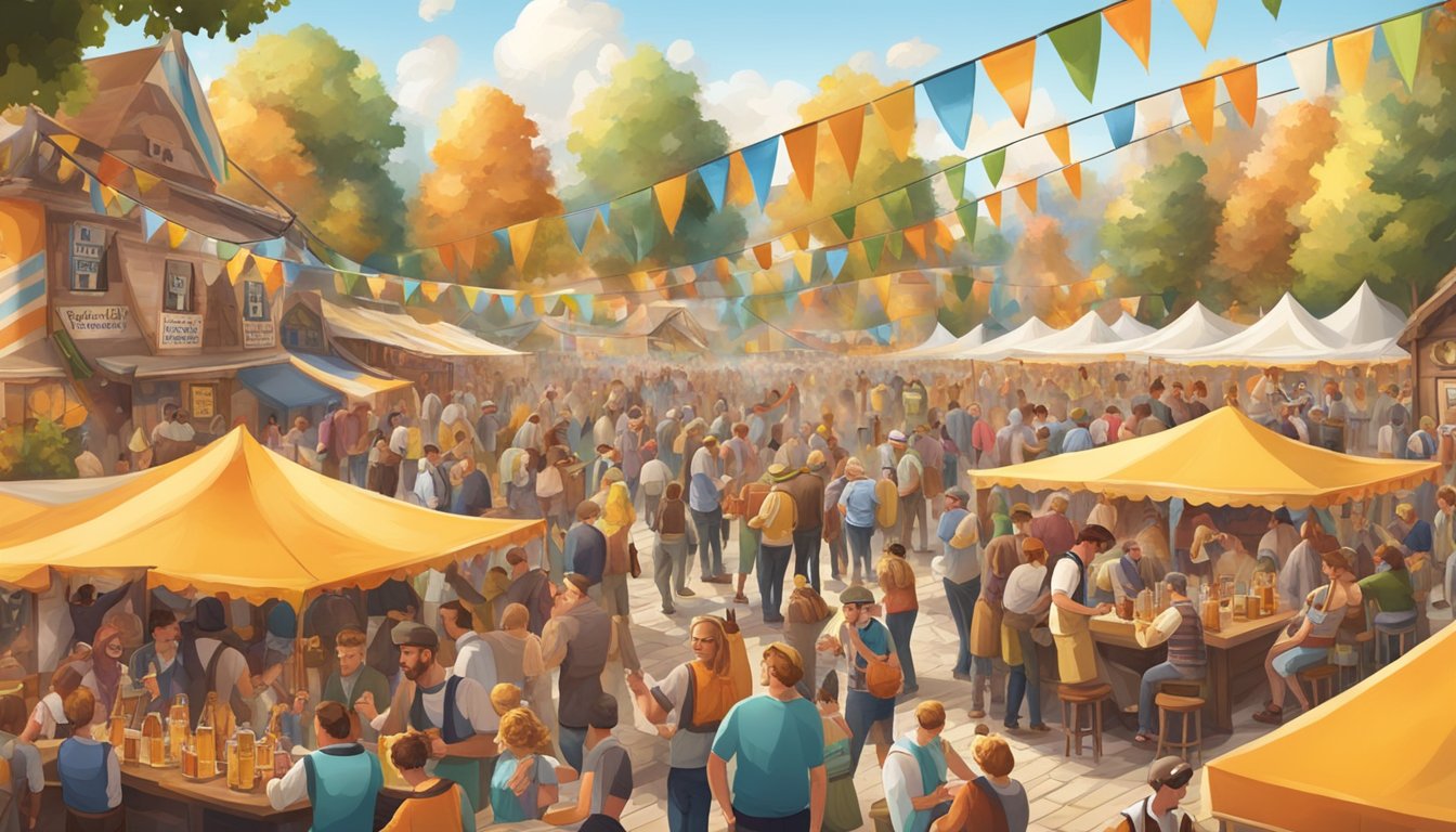 A lively Oktoberfest scene with colorful tents, overflowing beer taps, and people enjoying refreshing pints