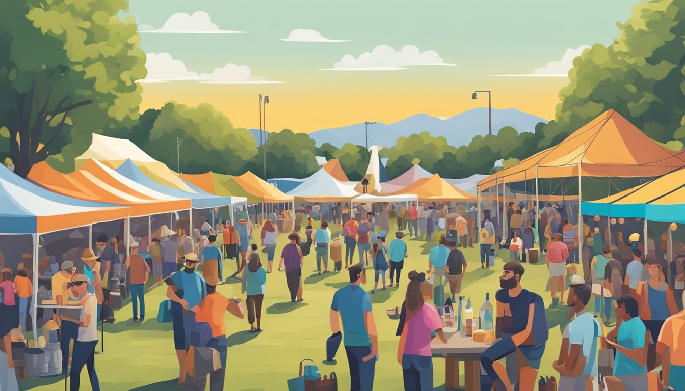 Crowds gather at the outdoor Texas craft brewers festival, with colorful tents, live music, and a variety of beer vendors