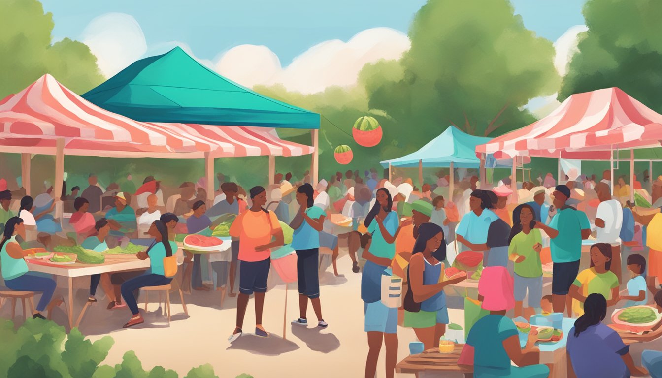 A bustling Texas watermelon thump with locals enjoying games, food, and music at a community involvement event