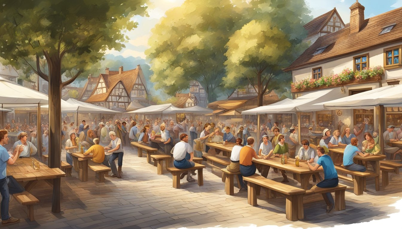 A bustling beer garden filled with wooden tables and benches, adorned with traditional Bavarian decorations and surrounded by lively music and laughter