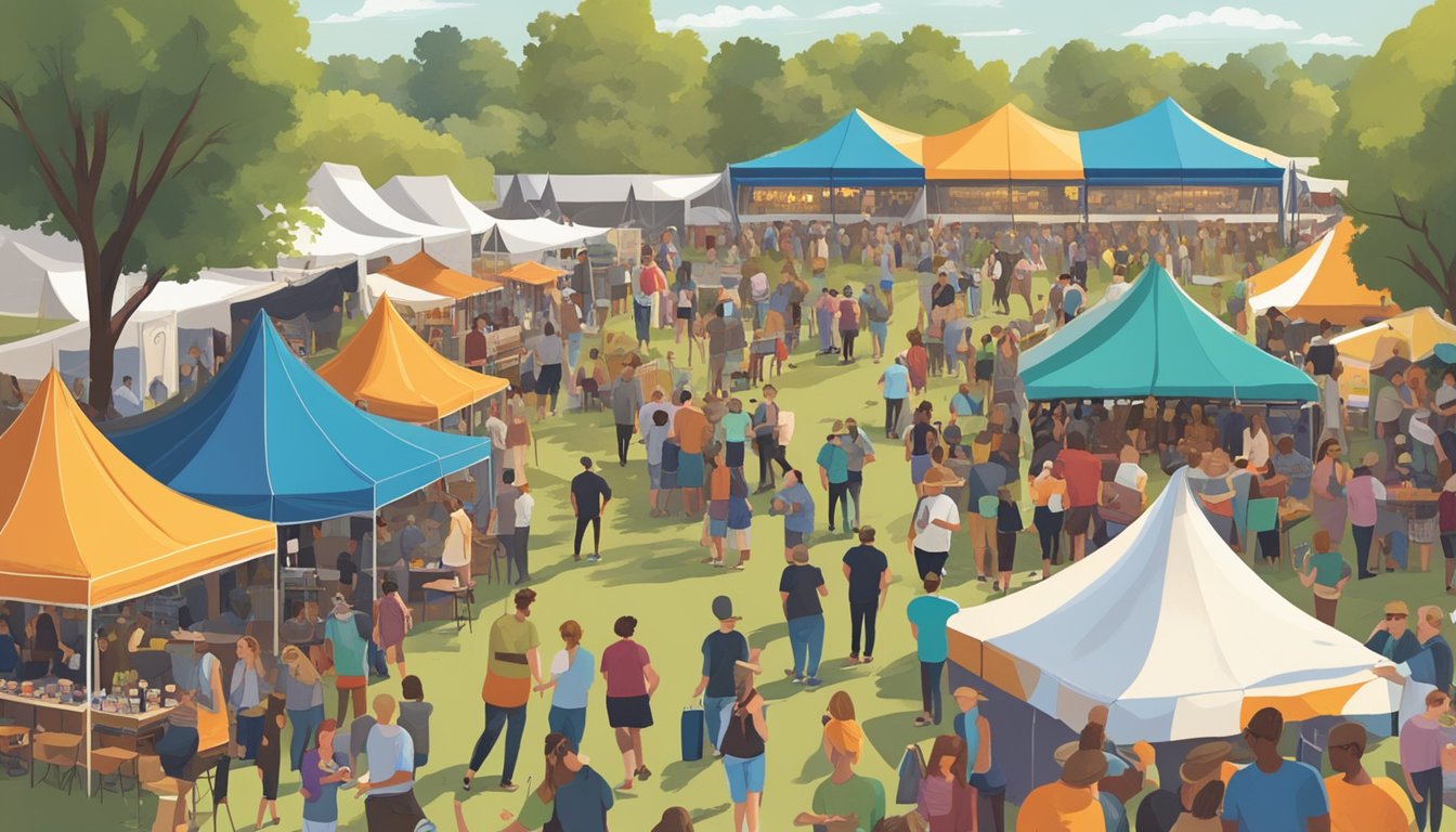 A bustling outdoor festival with colorful tents, live music, and people enjoying samples of craft beer from various Texas breweries