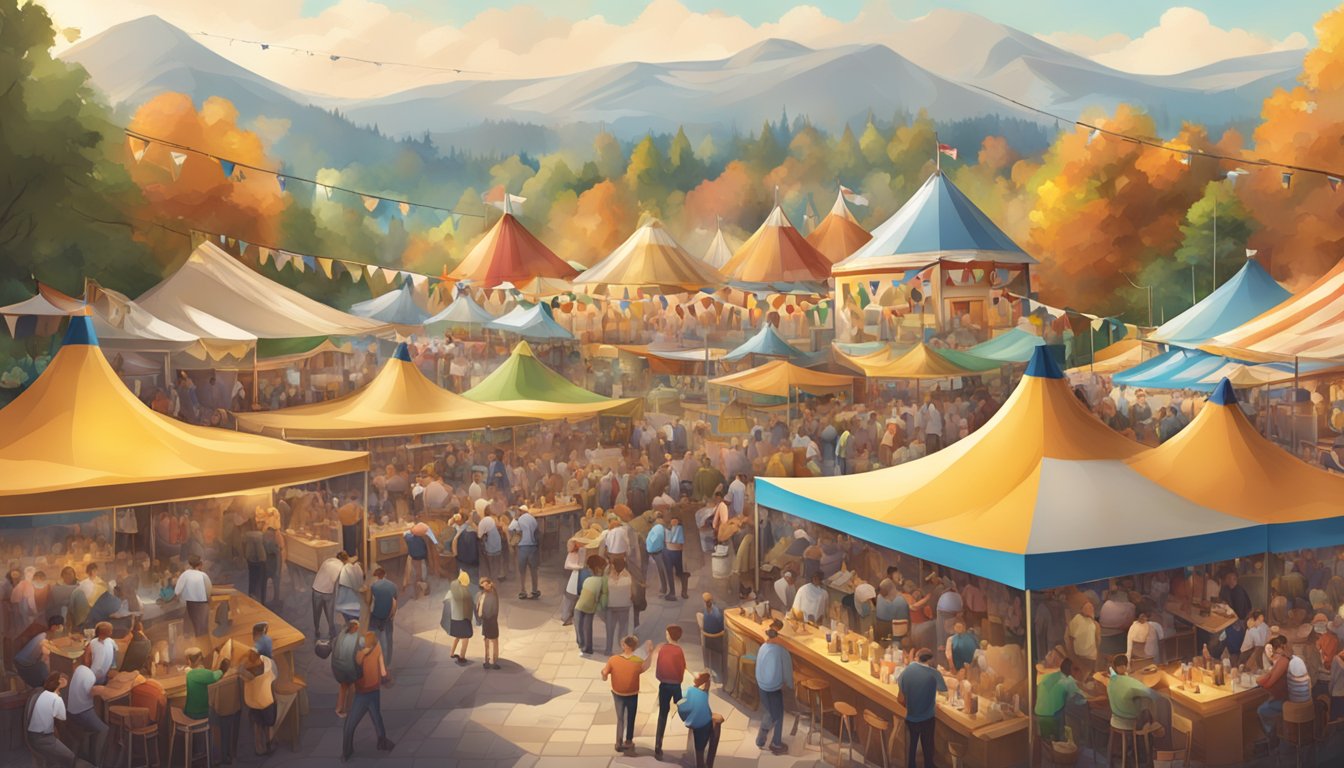 A bustling Oktoberfest beer garden with colorful tents, lively music, and overflowing beer taps