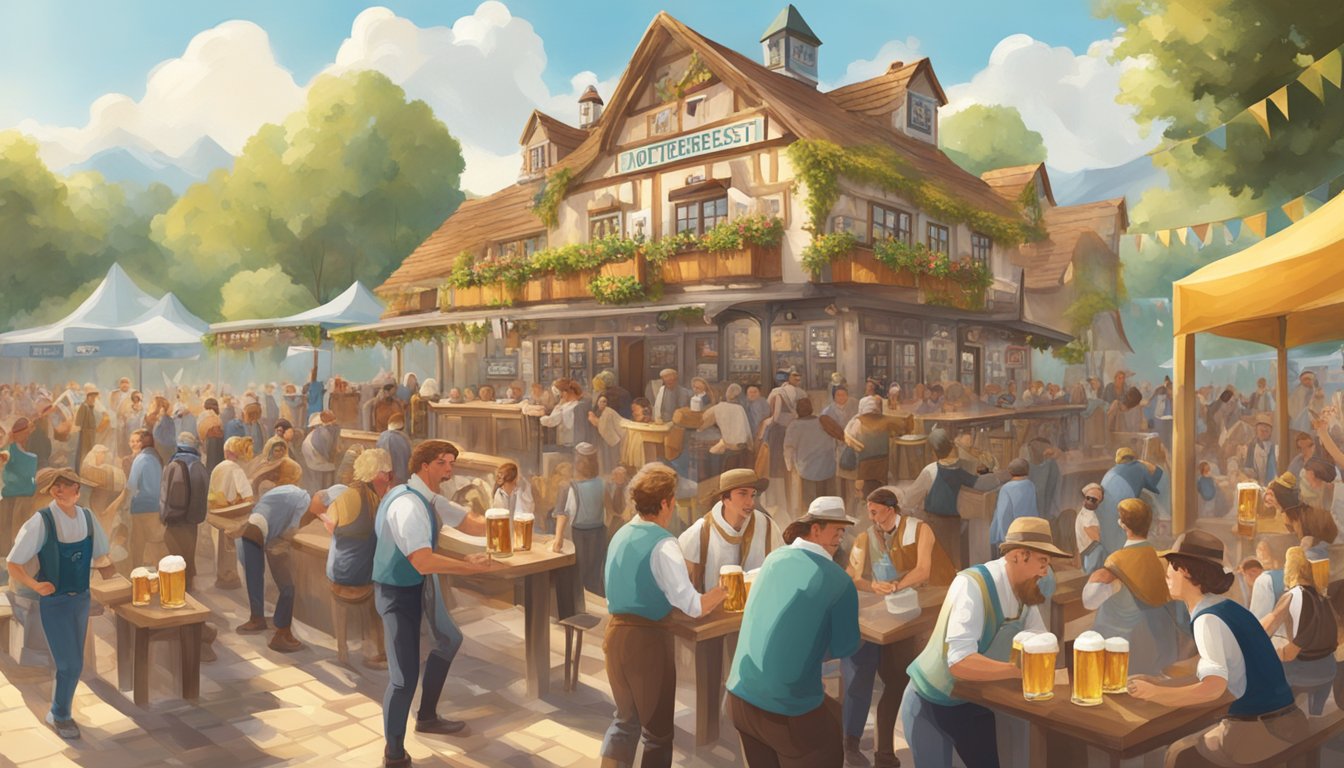 A lively Oktoberfest scene with overflowing beer taps and people enjoying refreshing pints in an environmentally sustainable setting