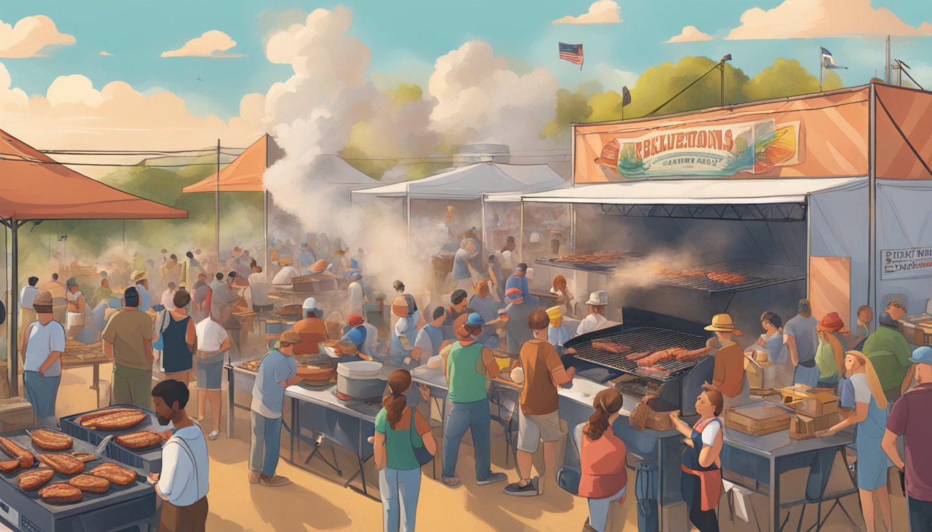 A bustling outdoor festival with rows of grilling stations, smoke rising from sizzling meats, and lively Texan music filling the air