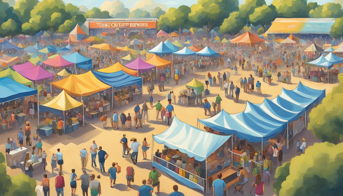 A colorful festival scene with tents, beer taps, and lively crowds enjoying the Texas Craft Brewers Festival