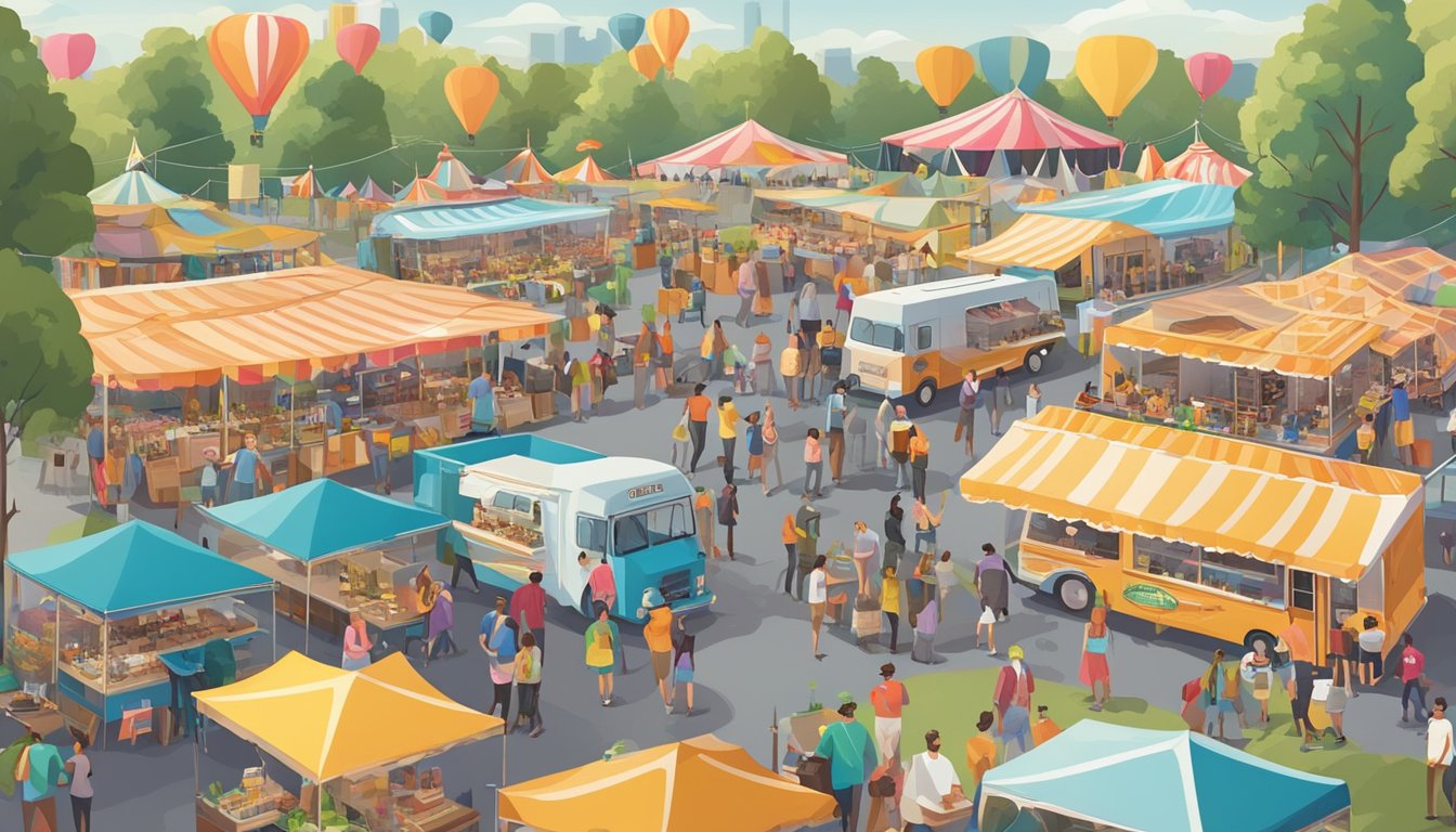 A bustling festival grounds with rows of colorful food trucks and craft beer tents, surrounded by a mix of vintage and modern transportation options