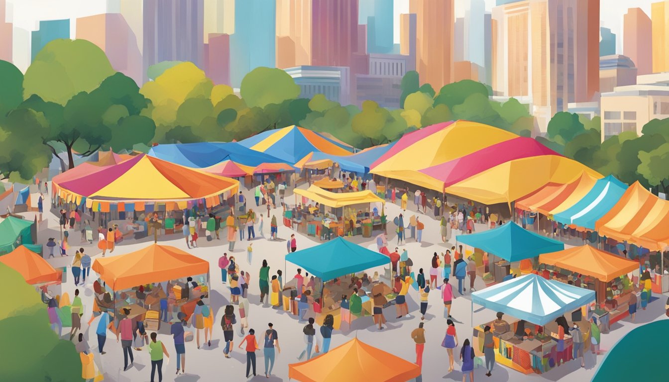 A bustling plaza filled with colorful tents, food stalls, and lively music performances at the Plano International Festival