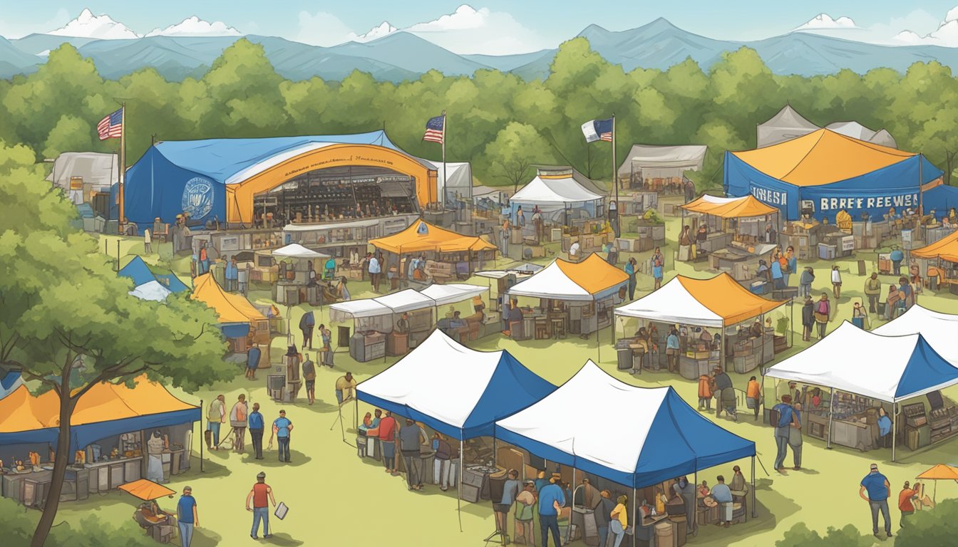 A bustling outdoor Texas craft brewers festival with brewery tents, live music, and sponsor banners lining the venue