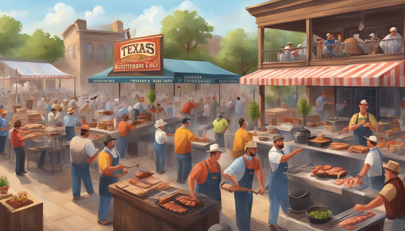 A lively Texas butchers' competition with grilling, smoking, and BBQ stations surrounded by cheering spectators and a festive atmosphere