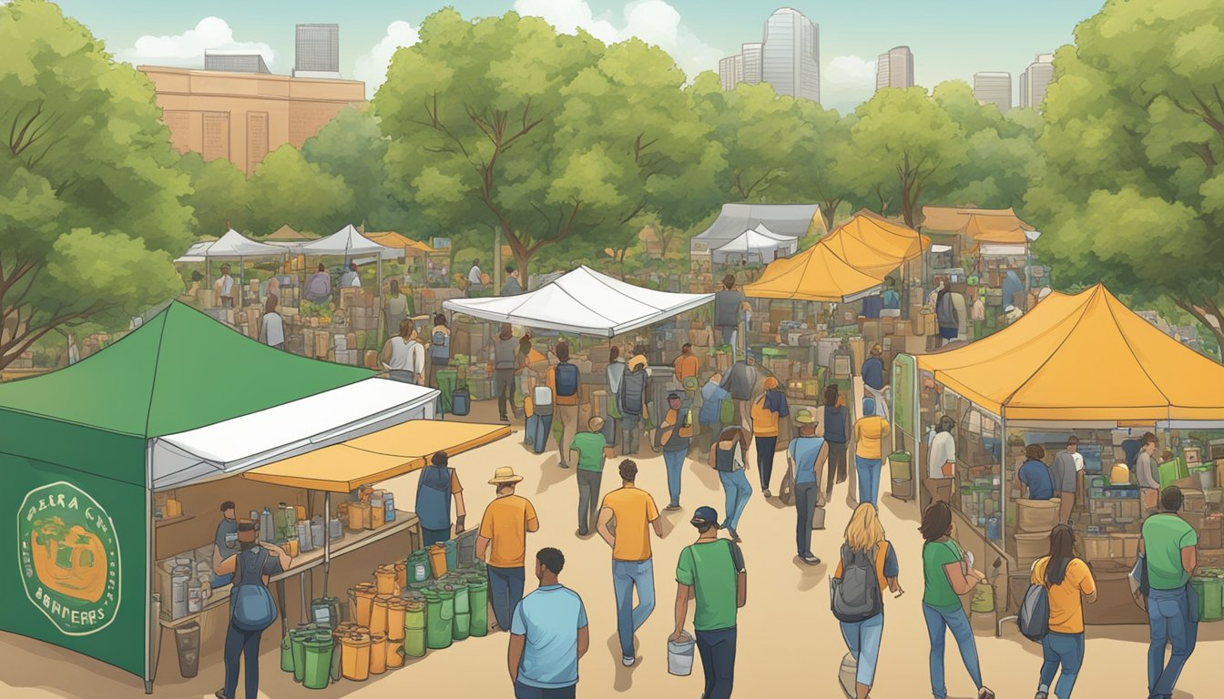 A bustling Texas craft brewers festival with eco-friendly practices, including recycling bins, solar panels, and reusable cups