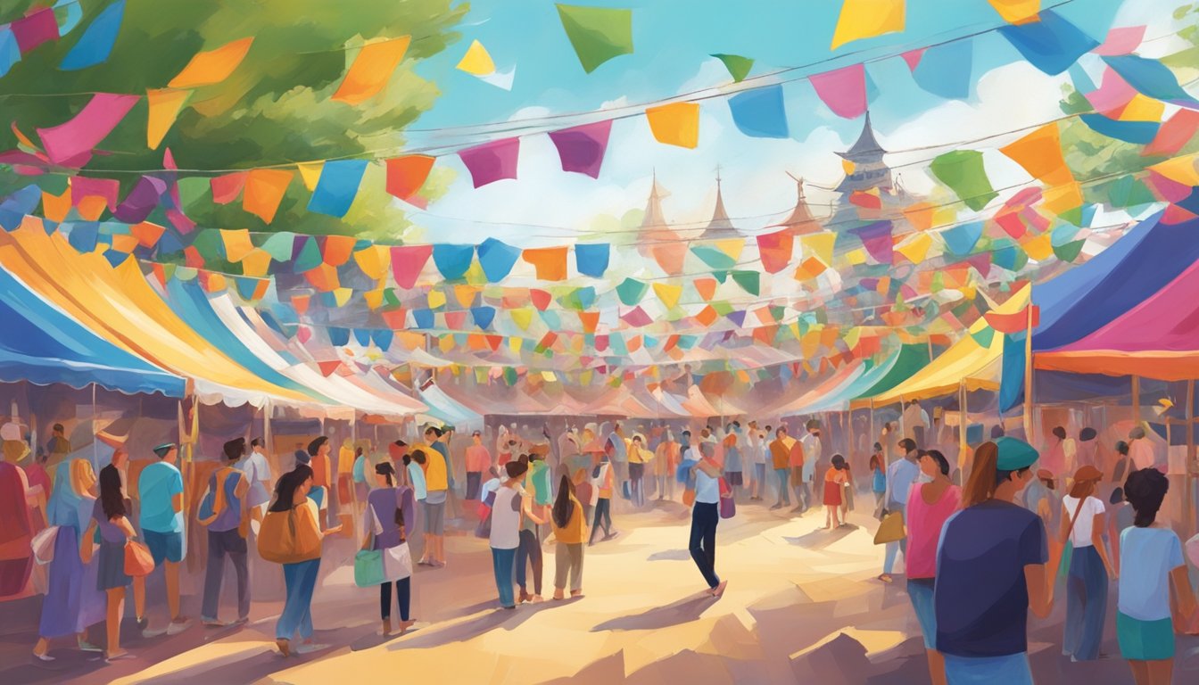 Colorful booths and stages fill the festival grounds, with lively workshops and performances drawing crowds. Flags and banners flutter in the breeze, adding to the vibrant atmosphere