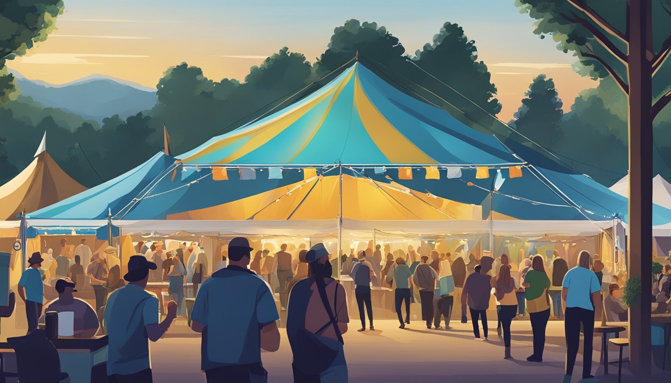 Craft beer tents line the festival grounds, with vendors engaging attendees in post-event activities. A live band plays on stage, while people mingle and socialize