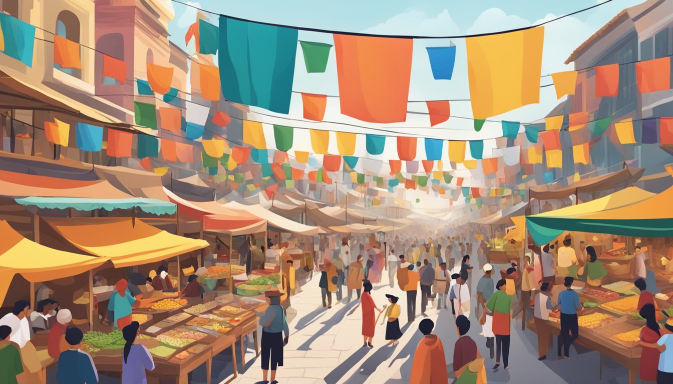 A bustling marketplace with colorful flags, diverse food stalls, and lively music performances, representing cultures from around the world