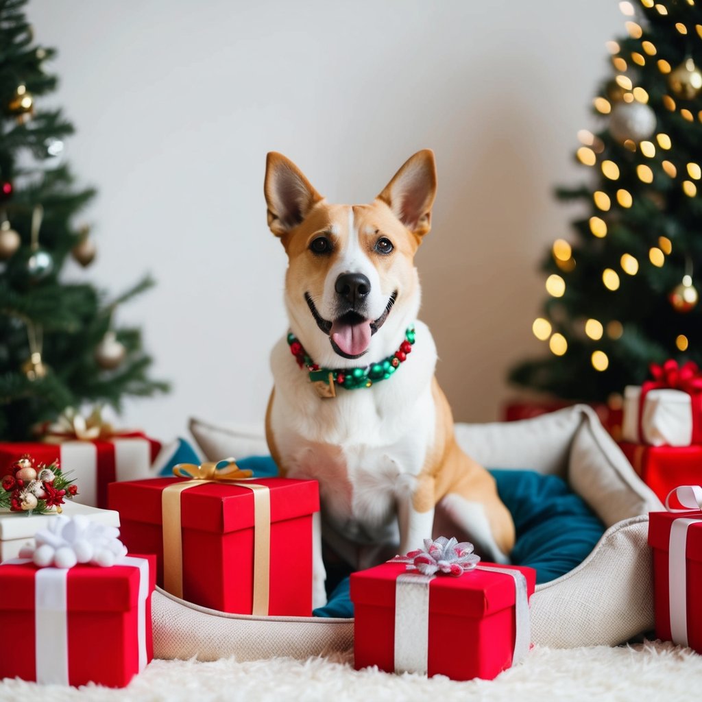 A happy dog surrounded by Christmas presents, a cozy bed, and a festive holiday collar