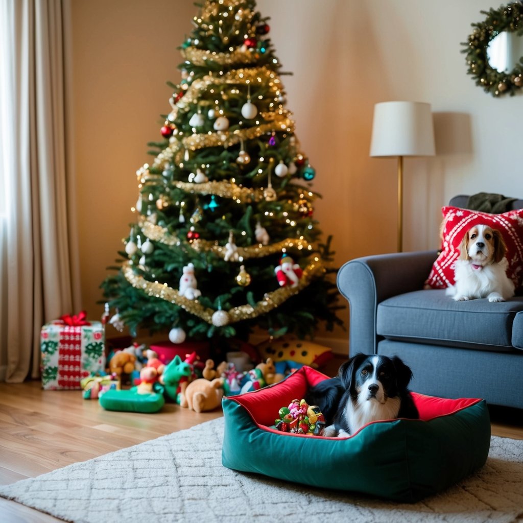 A cozy living room with a decorated Christmas tree, a pile of dog toys, and a festive dog bed with a stocking full of treats