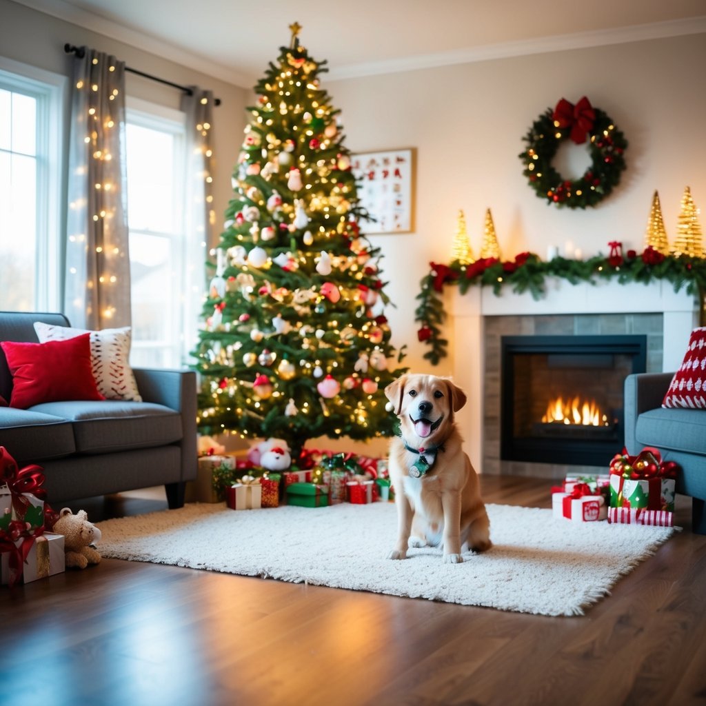 A cozy living room adorned with twinkling lights, a decorated tree, and a festive fireplace, with a happy pup surrounded by Christmas toys and treats