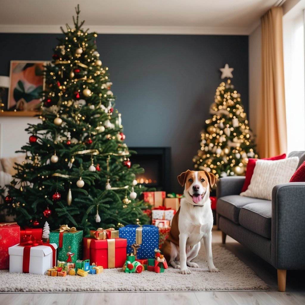 A cozy living room with a decorated Christmas tree, a pile of wrapped presents, and a happy dog surrounded by toys and treats