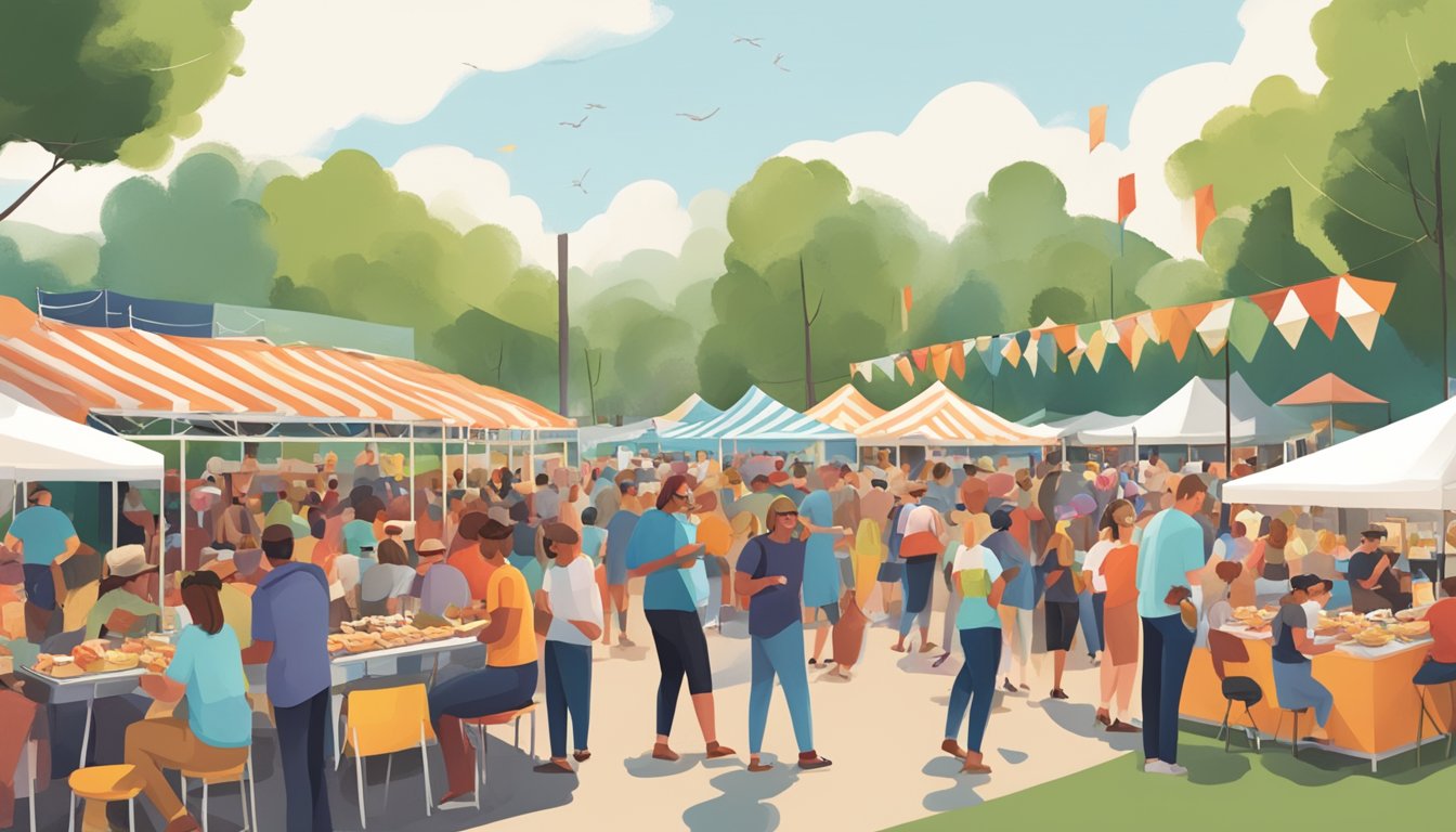 A bustling outdoor event with food stands, live music, and people enjoying a meat-centric festival in Texas