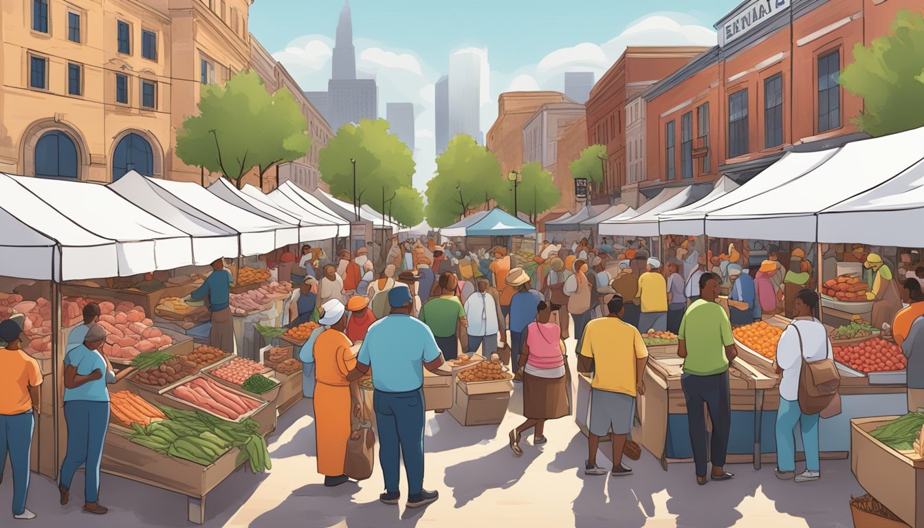 A bustling outdoor market with vendors selling locally sourced meats and produce, surrounded by a lively crowd of Texans enjoying the Butchers Ball event