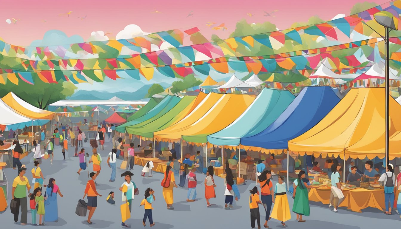 Colorful tents and booths line the festival grounds, showcasing diverse youth activities from around the world. The air is filled with music, laughter, and the delicious aroma of international cuisine