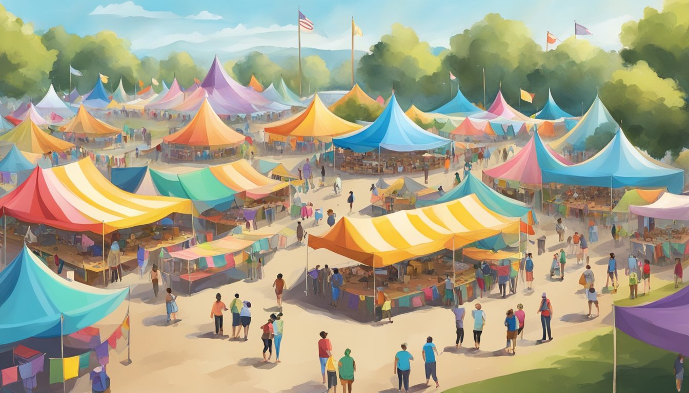 Colorful tents and flags line the festival grounds, with stages set for performances and food vendors ready for the crowds