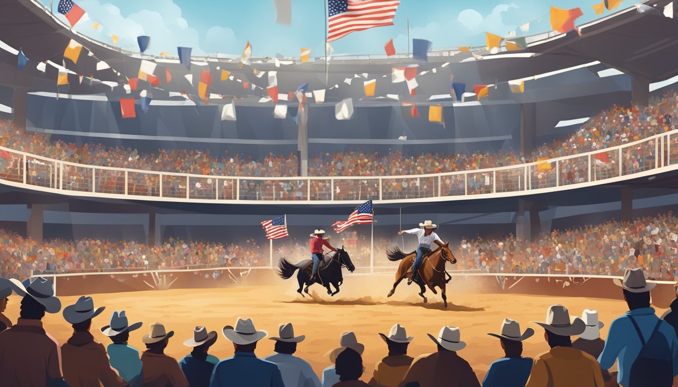 A bustling rodeo arena filled with cheering spectators and cowboys riding bucking broncos and bulls, with flags waving and music playing