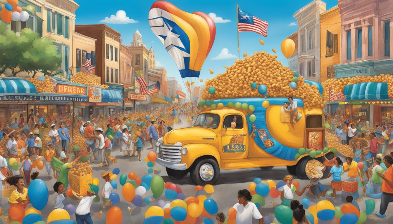 Vibrant parade floats adorned with peanuts and Texas imagery, surrounded by lively music and dancing