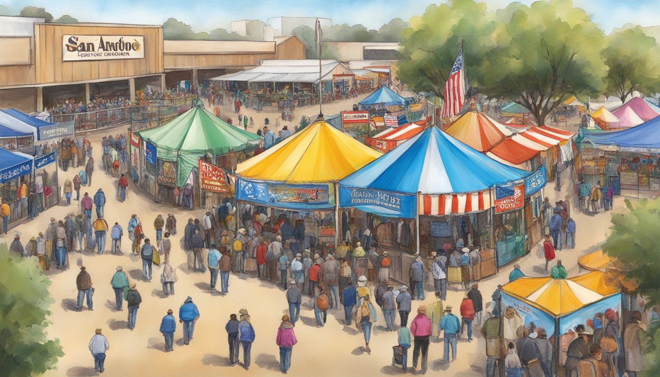 The bustling entrance of the San Antonio Stock Show & Rodeo in February, with a colorful array of booths and banners lining the walkways