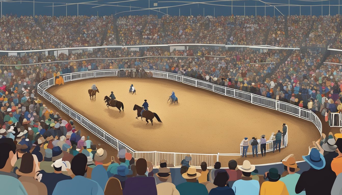 Crowds gather around the arena at the San Antonio Stock Show Rodeo in February, watching as participants compete in various events. The atmosphere is filled with excitement and energy