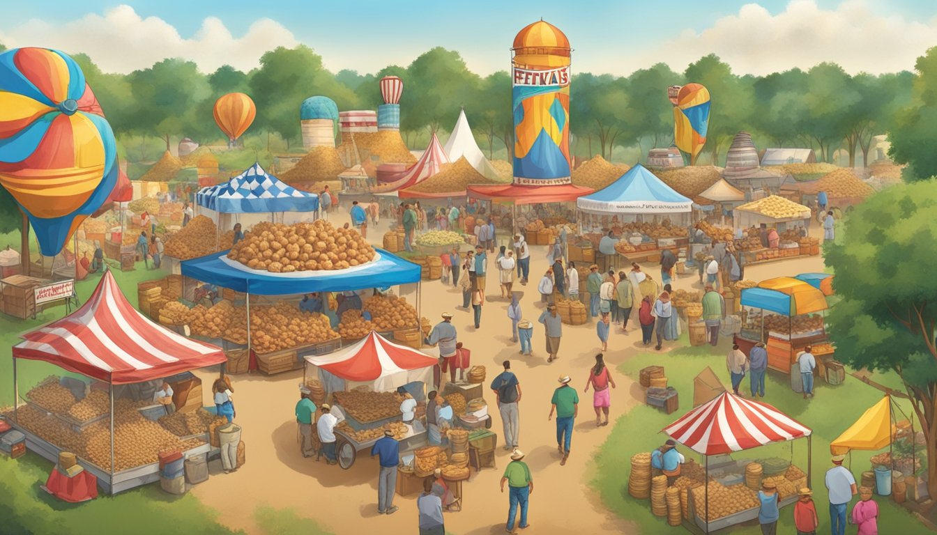 A bustling Texas peanut festival with colorful displays of agricultural products and lively entertainment