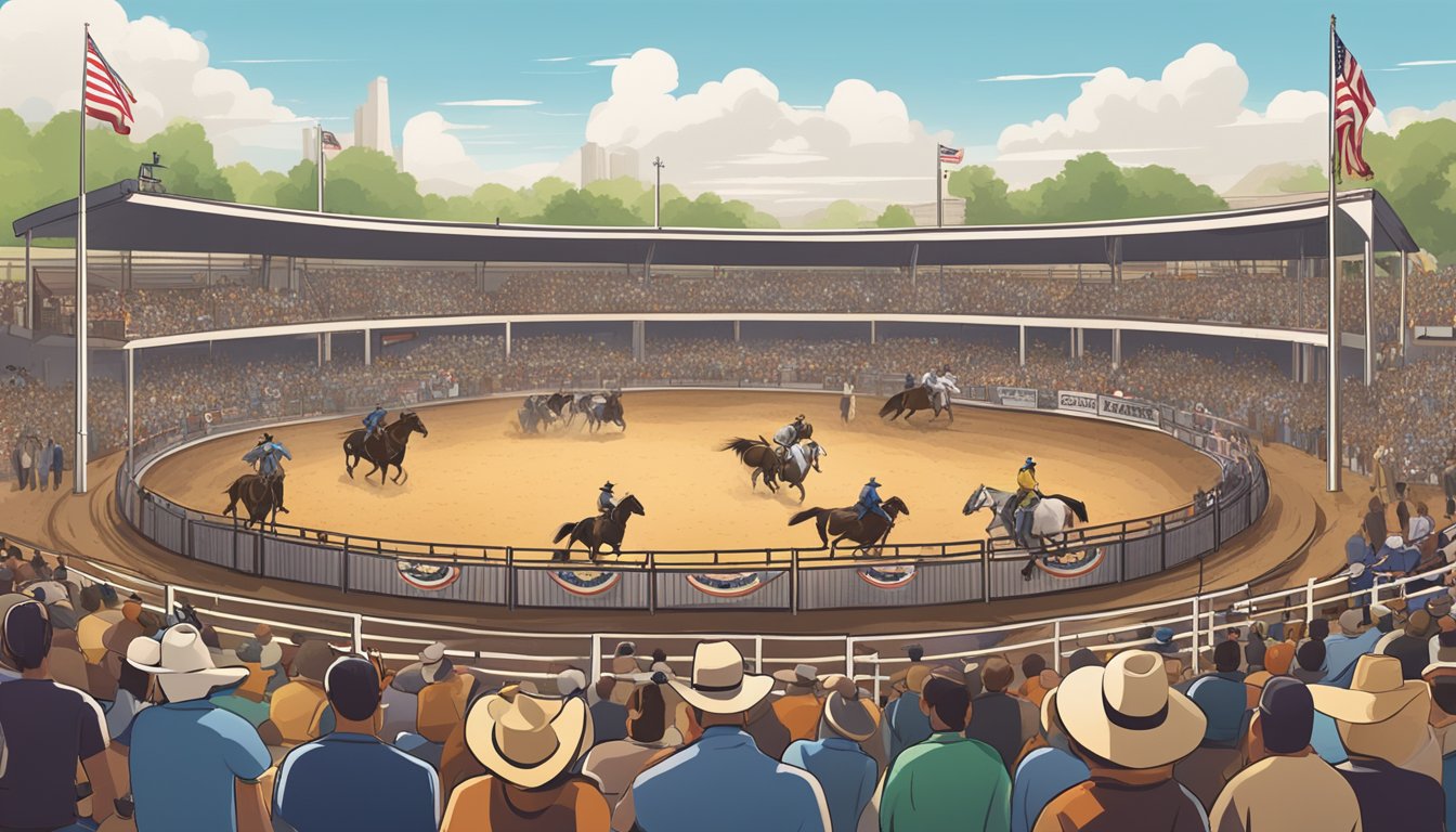 A bustling rodeo arena with crowds, vendors, and livestock. Donations and sponsorships are highlighted, showcasing the event's economic impact and charitable efforts