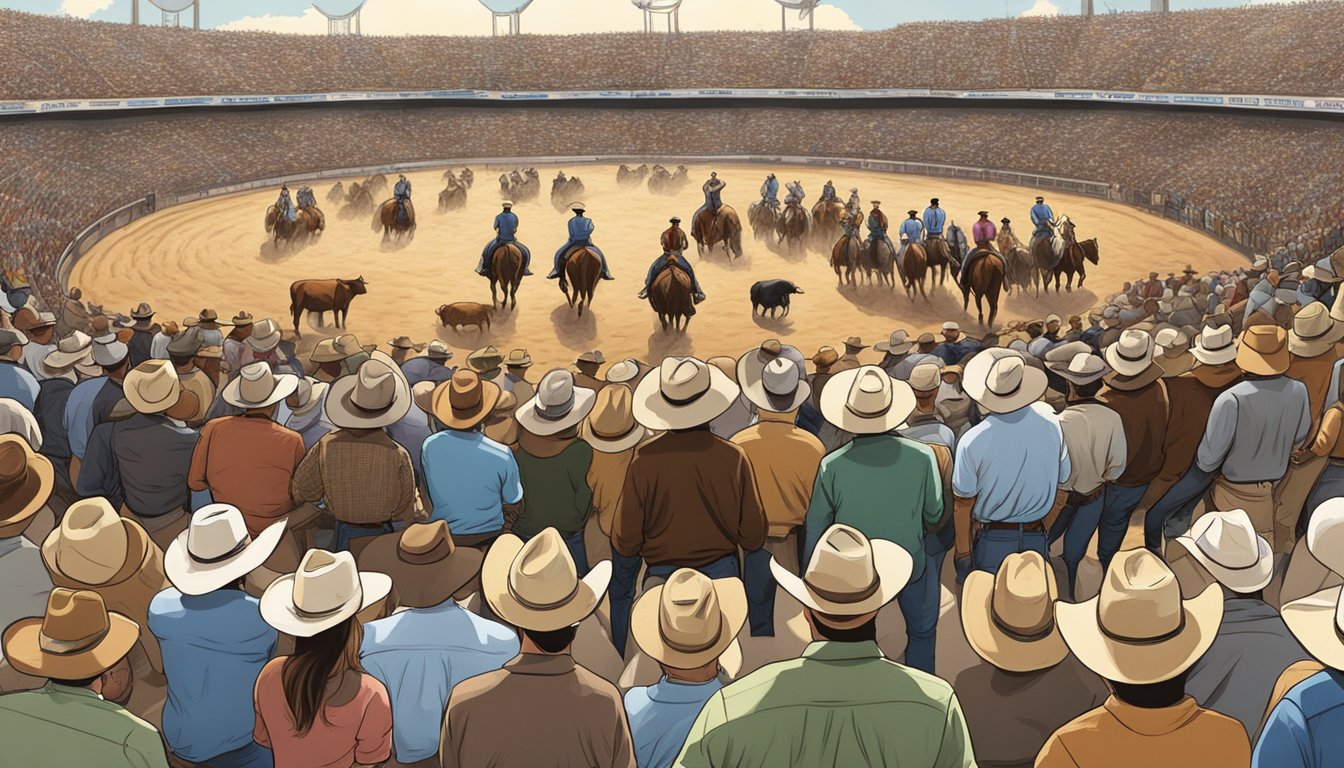 Crowds gather in the arena, watching cowboys riding bulls and broncos. The scent of hay and animals fills the air as vendors sell cowboy hats and boots