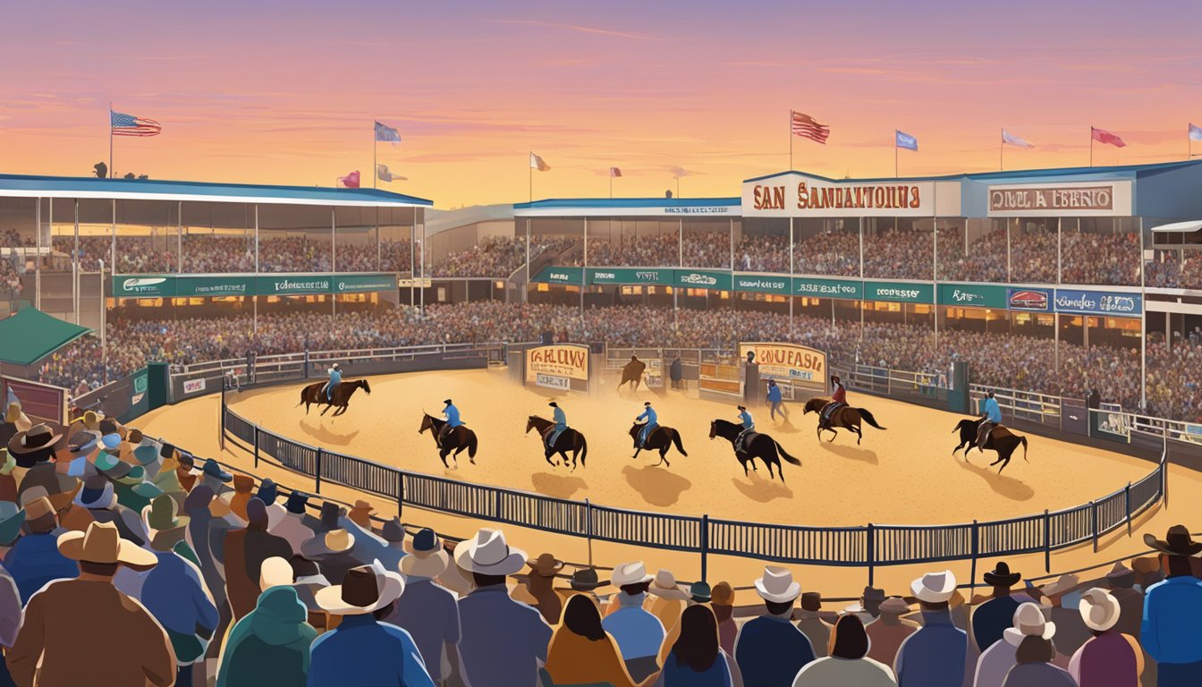 A bustling rodeo arena at the San Antonio Stock Show in February, with crowds, livestock, and cowboys in action