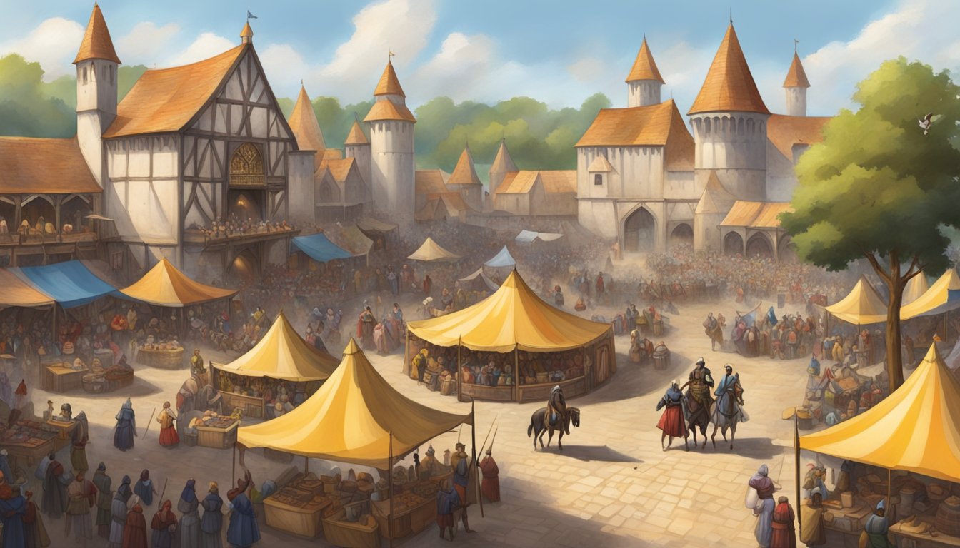 A bustling medieval marketplace with colorful tents, jousting arena, and costumed performers at the Texas Renaissance Festival