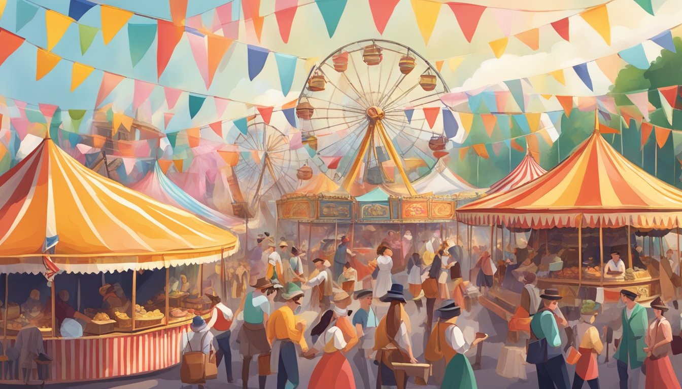 A bustling fairground with colorful tents and flags, people in period costumes, and the smell of food and ale in the air