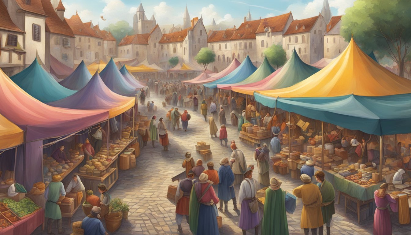 A bustling marketplace with colorful tents and lively music, surrounded by people in medieval attire