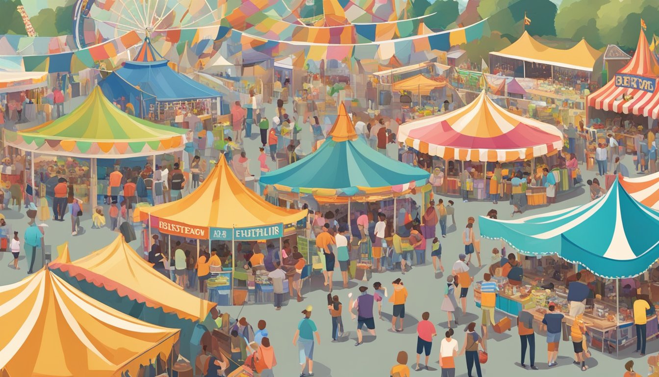 A bustling state fair with colorful tents, rides, and food stands, surrounded by a diverse crowd of people enjoying the festivities